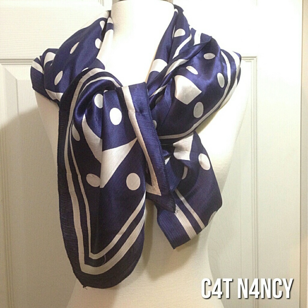 100% Silk Navy Summer Islands Dots & Swirls Scarf!